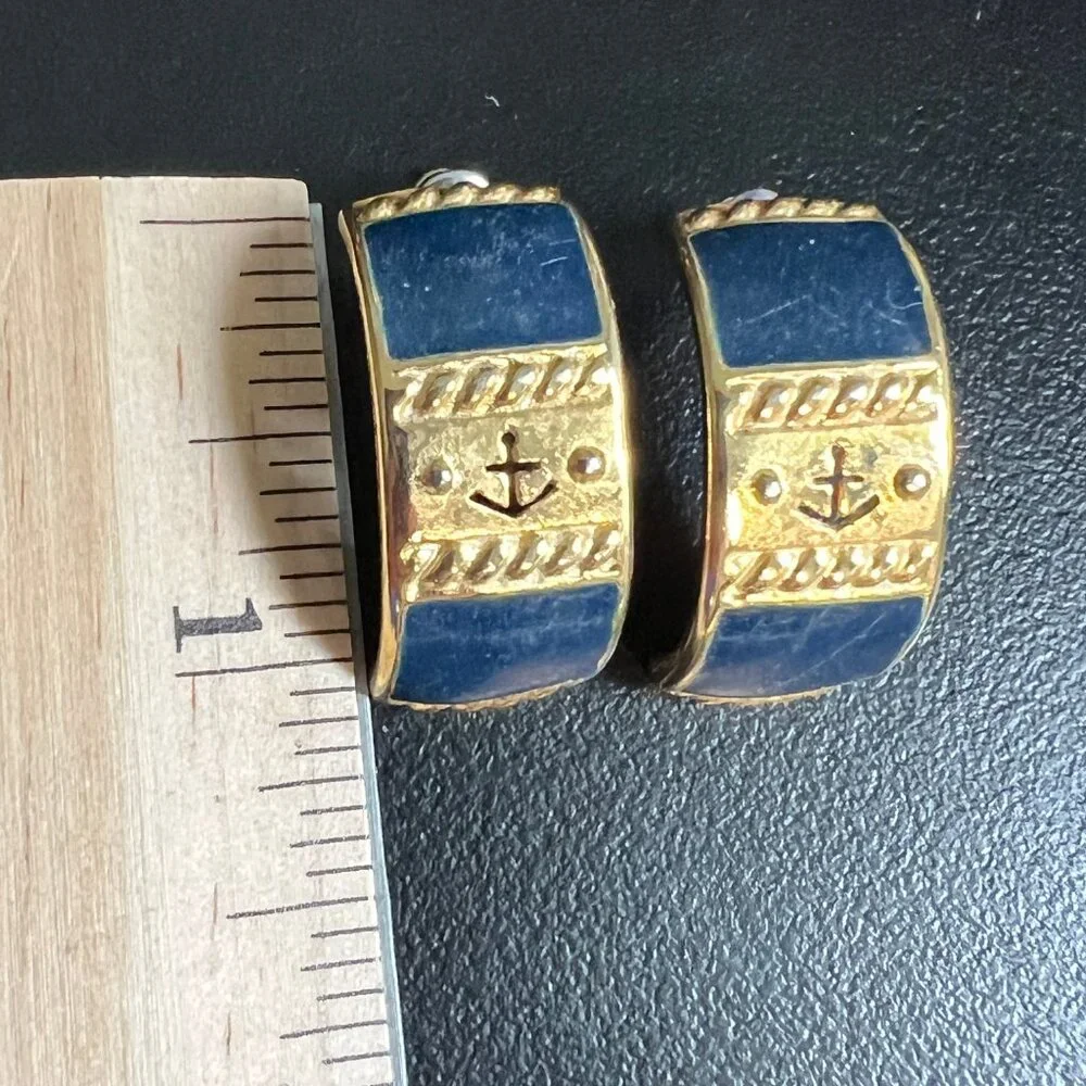 Vintage Nautical Pierced Earrings Anchor Blue Enamel Gold Tone‎ Half Hoops